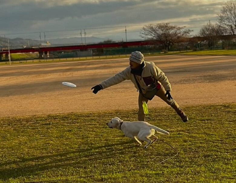 ディスクドッグを練習中のえまちゃんと旦那さん