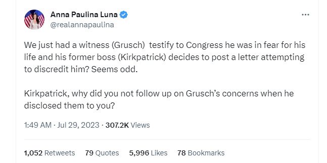 共和党・ルナ議員はカークパトリック氏の書簡を厳しく批判した