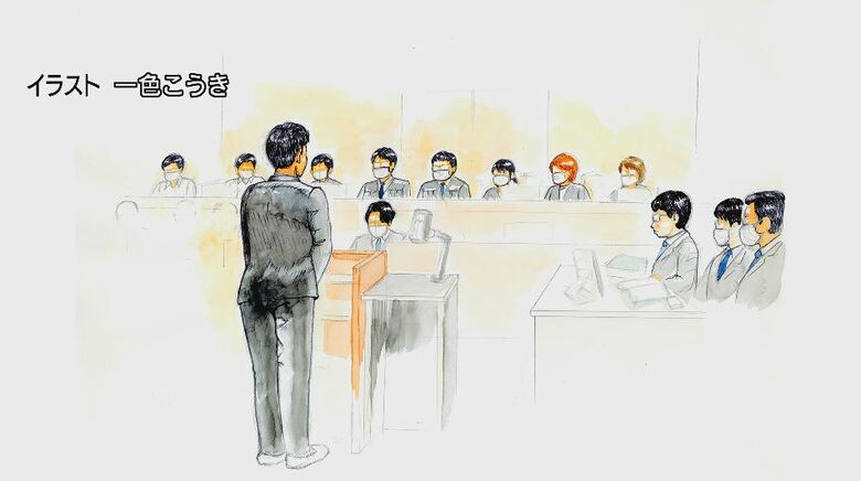法廷内の丸山大輔被告（10月16日）イラスト：一色こうき