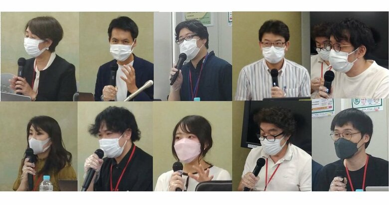 記者会見の出席者：上段左から 渡辺由美子氏 藤沢烈氏 大西連氏 林大介氏 室橋佑貴氏
下段左から　井田奈穂氏 細谷柊太氏 尾上瑠菜氏 荻上チキ氏 宮本聖二氏