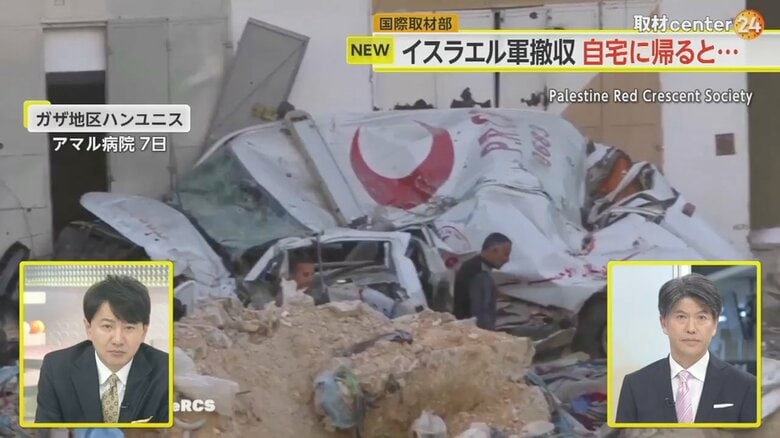 戦闘によって破壊されたガザ南部のアマル病院の救急車