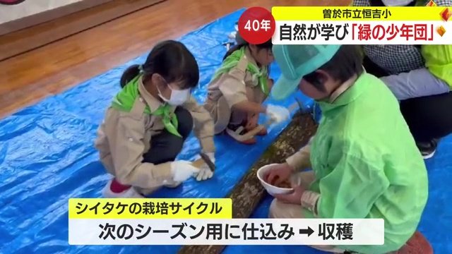 シイタケの菌を植え込んでいる様子