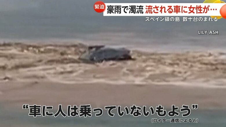 濁流によって、海まで流された車