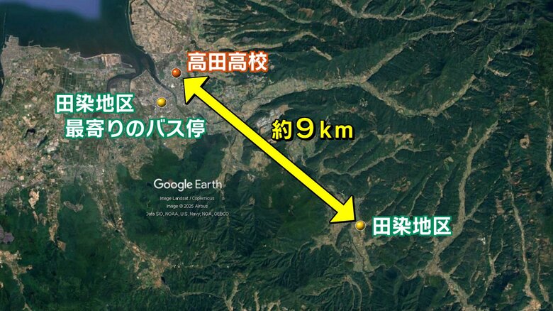 豊後高田市田染地区と高田高校の距離