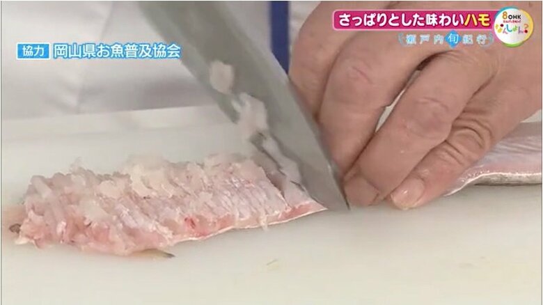 原田会長によるハモの「骨切り」の様子。包丁の音が「サクサク」と…