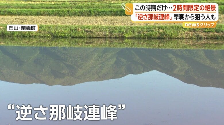 田んぼに現れた「逆さ那岐連峰」
