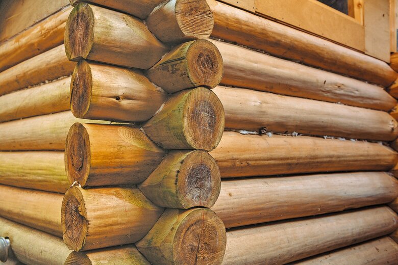 スギ丸太の壁。伐採後に3カ月ほど寝かし、乾燥させてから使っている。皮むきは、地元の製材所で高圧洗浄機を借りた（『小屋を建てる』より）