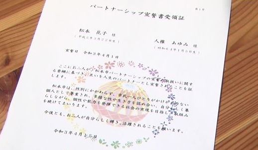 松本市のパートナーシップ宣誓書受領証（見本）