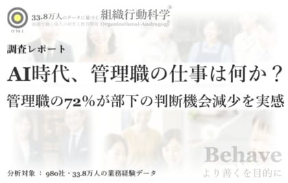AI時代、管理職の仕事は何か？ : 企業の82％で「判断経験」が減少、管理職の72％が部下の判断機会減少を実感 ― 33.8万人・980社の分析（組織行動科学(R) 判断デザインラボラトリー）