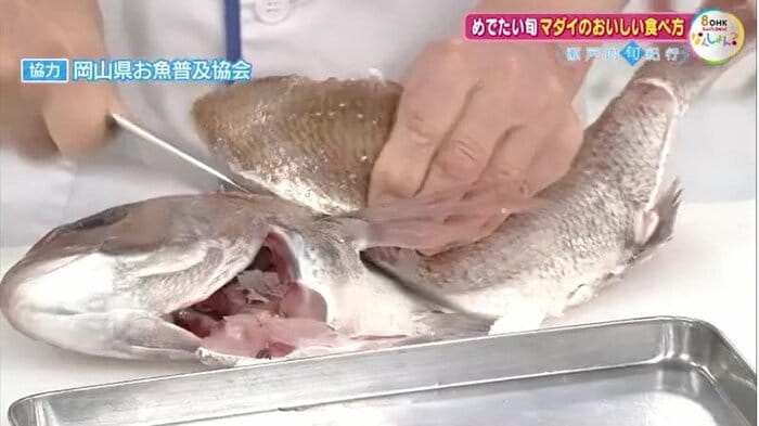天然のマダイをさばく様子