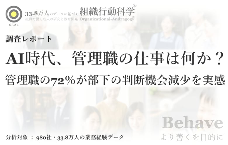 AI時代、管理職の仕事は何か？ : 企業の82％で「判断経験」が減少、管理職の72％が部下の判断機会減少を実感 ― 33.8万人・980社の分析（組織行動科学(R) 判断デザインラボラトリー）