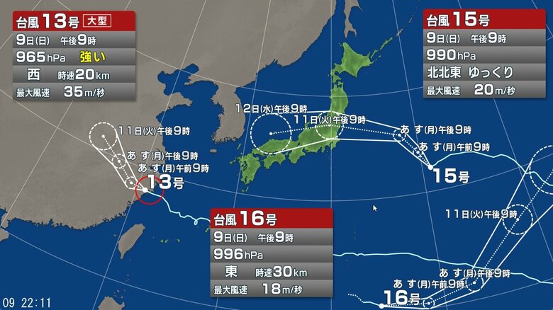 【台風情報】台風15号の今後の進路予想は　11日から12日にかけて日本列島を横断する可能性　11日午後9時には東日本に達する予報｜FNNプライムオンライン