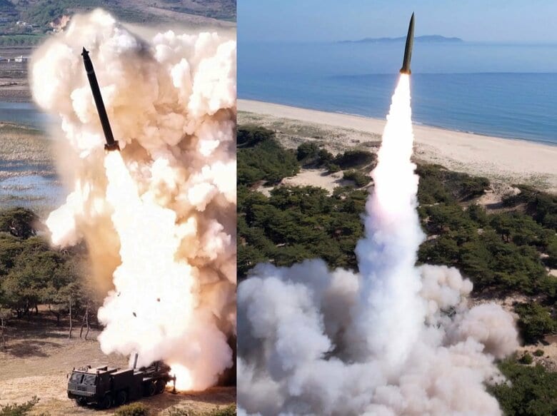 「長射程砲およびミサイルシステムの合同打撃訓練(5/8)」超大型放射砲(左)、火星砲-11カ(右)