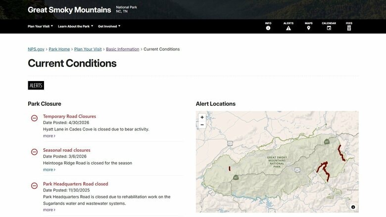 クマ出没のためのトレイル閉鎖も起きている（グレート・スモーキー山脈国立公園のウェブサイトより）