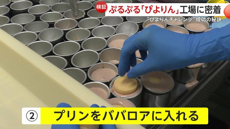 プリン液に入れられるババロア（映像提供：ジェイアール東海フードサービス）