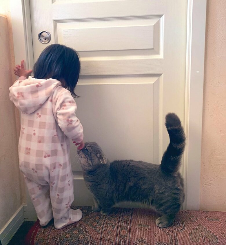 扉を開けようとする娘さんとたこやきくん（別日の撮影）