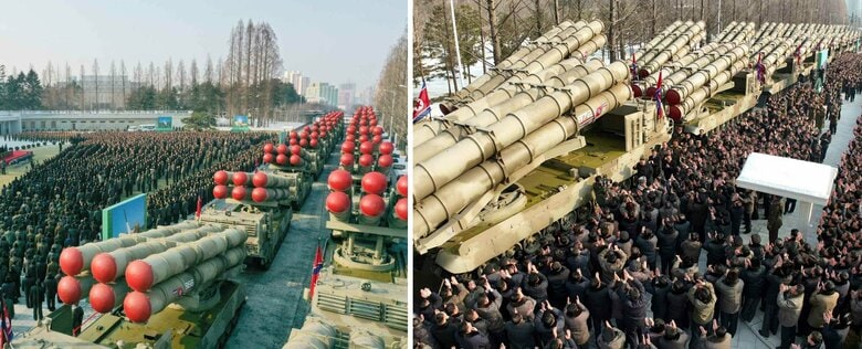 「600mm超大型放射砲贈呈式典」の記事(労働新聞・1月1日付け)に添付された「600mm超大型放射砲」の画像。二色迷彩であることが分かる。