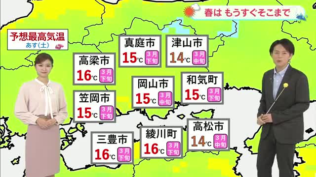 【光岡気象予報士のお天気解説】２月１４日（土）「４月並みの陽気に」【岡山・香川】