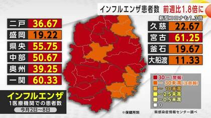 インフルエンザ患者数、前週比1.8倍　新型コロナは1.3倍　岩手県