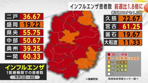 インフルエンザ患者数、前週比1.8倍　新型コロナは1.3倍　岩手県