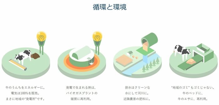 乳牛の糞尿で電気を発電し、利益にもつなげている(Kalm角山のウェブサイトより)