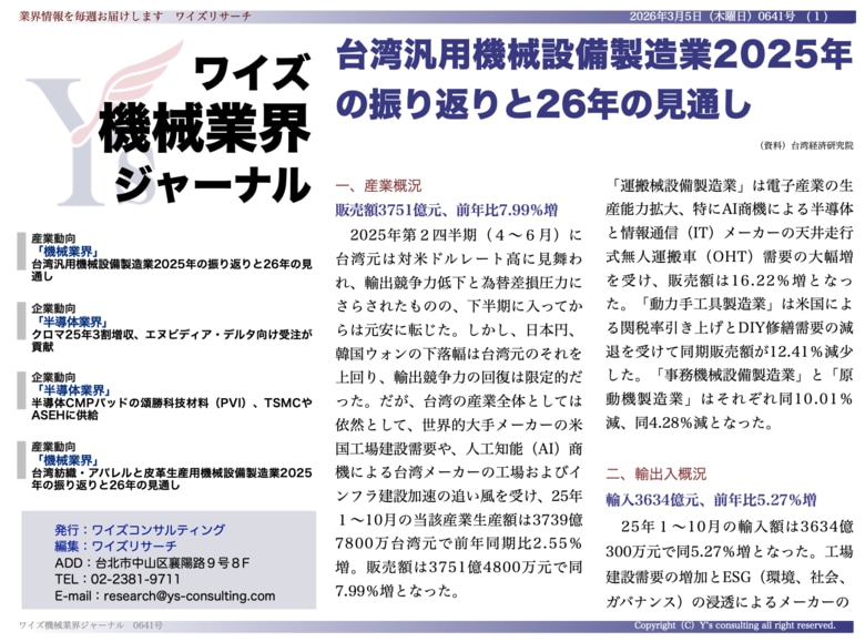【台湾情報】台湾汎用機械設備製造業、25年販売額は7.99％増──AI商機と米国工場建設が牽引＜ワイズ機械業界ジャーナル2026年3月第1週号発行＞