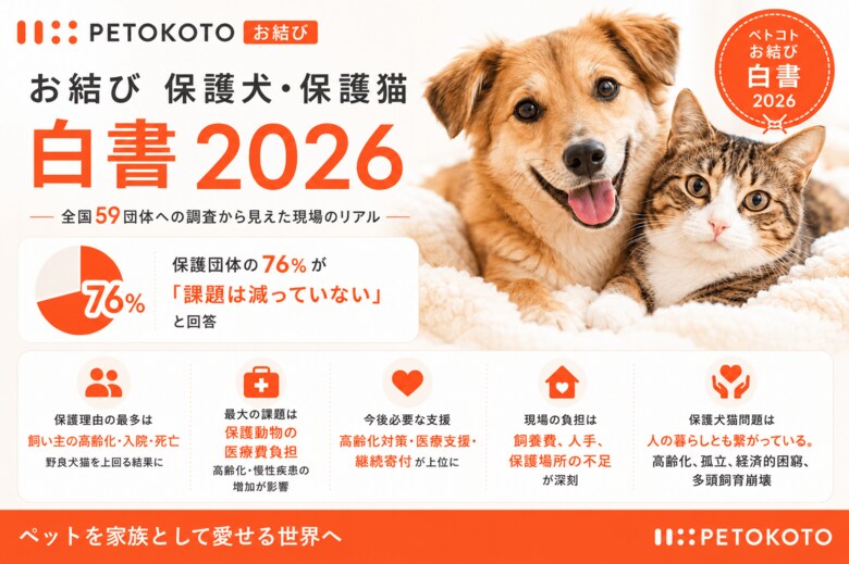 保護団体の76%が「課題は減っていない」と回答。保護犬・保護猫問題は、流通や野犬・野良猫だけでなく「飼い主の高齢化」とも結びつく社会課題へ。『ペトコトお結び保護犬・保護猫白書2026』公開