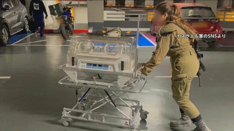 イスラエル軍は女性兵士が車両に保育器を運び込む様子を投稿
