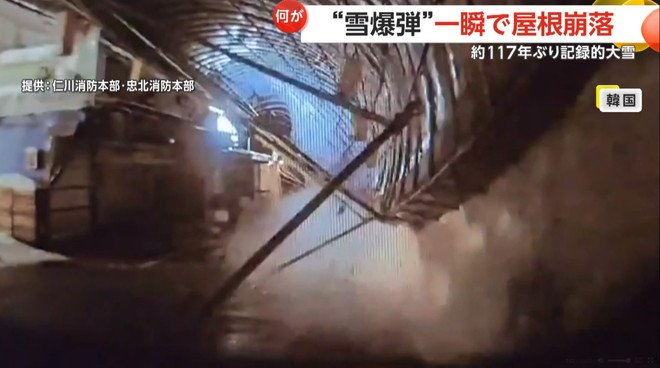 雪の重みで市場の屋根が次々と崩落していく瞬間（11月28日午前3時ごろ、韓国・京畿道）（7）