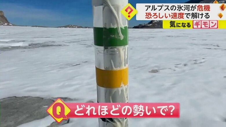 氷河がどれくらい解けたかを測る目盛りがついた棒