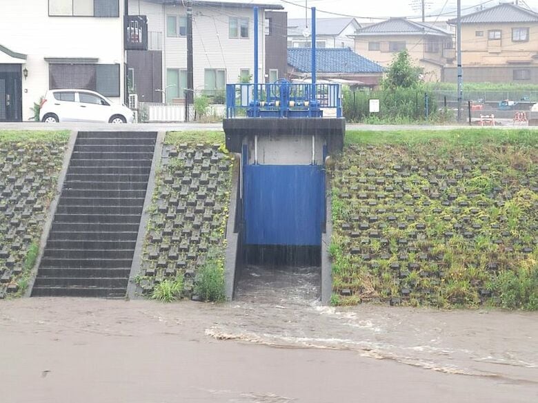樋管を開いて市街地の雨水を排水（三島市中の大場川　6月18日）
