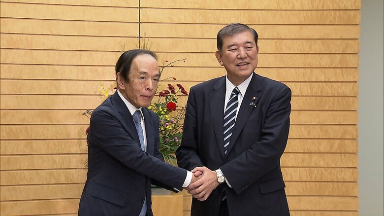 日銀・植田総裁（左）と会談した石破首相