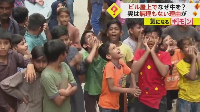 宙吊りの牛を見て喜ぶ子どもたち
