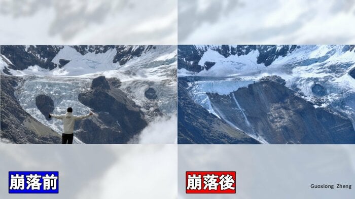 巨大な岩盤と氷河の崩落前後を捉えた画像（画像提供：Guoxiong Zheng）