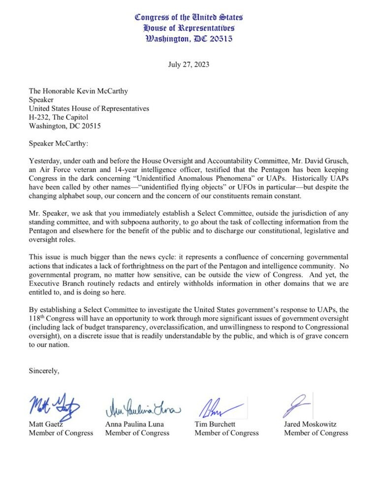 政府のUFO対応を調査する「特別委員会」設置の要請文