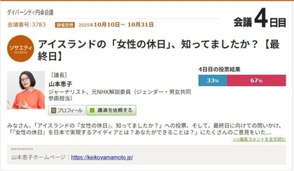 アイスランドで実現している「女性の休日」、知っている人は３３％。女性が1日、仕事も家事も休むとどうなる？ 元NHK解説委員の山本恵子氏（ジェンダー・男女共同参画担当）と議論白熱！