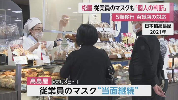高島屋は、従業員のマスク着用を当面、継続する方針(画像はコロナ禍の2021年・日本橋高島屋)