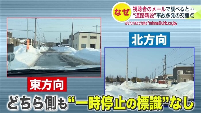東方向・北方向ともに“一時停止の標識”なし