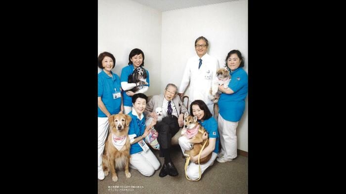 平成30(2018)年7月 聖路加国際病院の小児病棟でセラピー犬として活躍《画面右前が由莉》(提供:宮内庁)