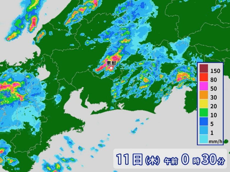 1時間に104ミリの猛烈な雨…岐阜県恵那市で11日未明に記録的短時間大雨情報 東海3県では12日夜遅くにかけ注意｜FNNプライムオンライン