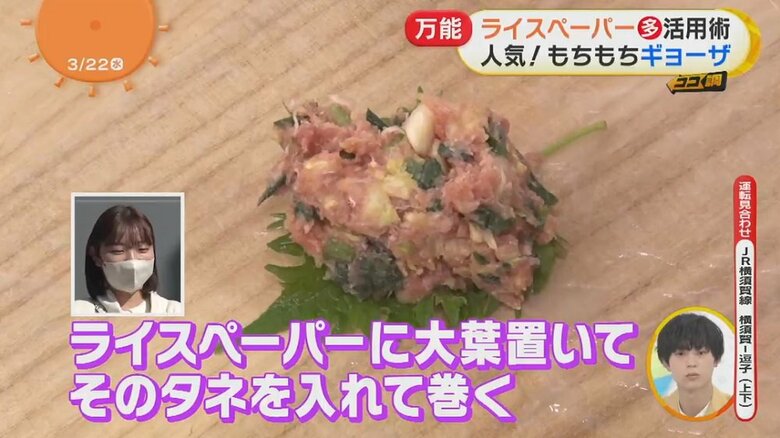 大葉とギョーザのタネをライスペーパーで巻いて焼くと…