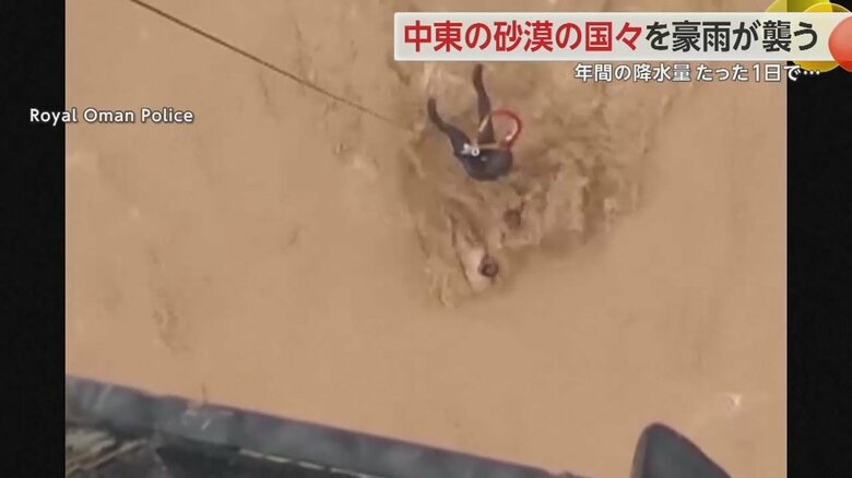 ヘリから降下した救助隊員が濁流にのまれた人を救助する一部始終