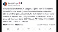 トランプ大統領がドジャースを祝福「素晴らしいチャンピオン」「ホワイトハウスで会おう」