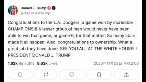 トランプ大統領がドジャースを祝福「素晴らしいチャンピオン」「ホワイトハウスで会おう」