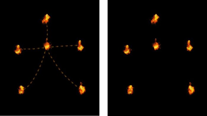 左:6カ所の点火イメージ図 右:今年はこう見える?