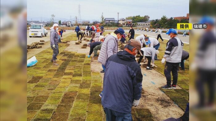 芝生は地元ボランティアたちが張ったもの