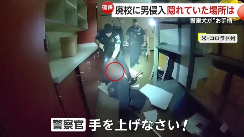 落ちてきた侵入者にすぐさま、「手を挙げなさい！」と呼びかけ、身柄を確保した警察