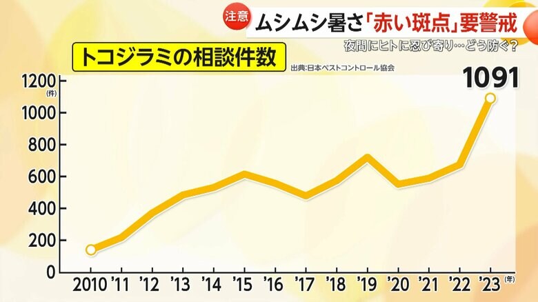 トコジラミの被害は年々急増し、2023年には1000件超え