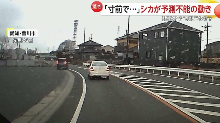 道路へと戻る黒いミニバン（左）