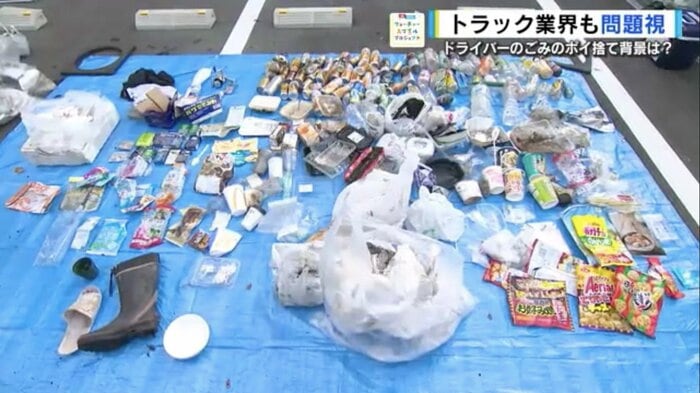 拾ったゴミをブルーシートに広げて分析
